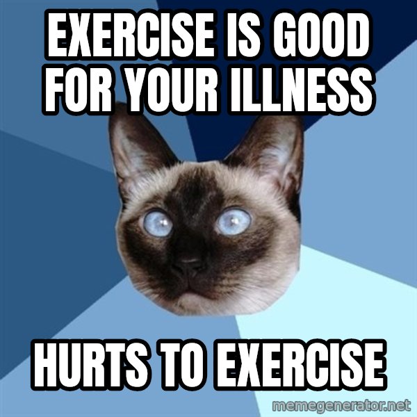 Chronic Illness Cat meme: EXERCISE is good for your illness / hurts to EXERCISE