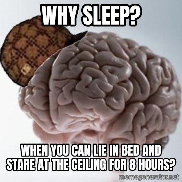 Scumbag Brain meme: Why sleep? / when you can lie in bed and stare at the ceiling for 8 hours?