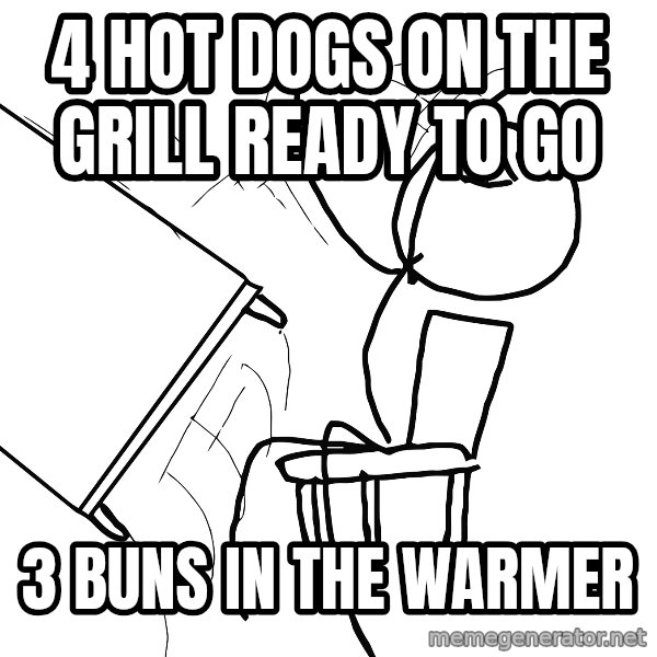 Desk Flip Rage Guy meme: 4 hot dogs on the grill ready to go / 3 buns in the warmer