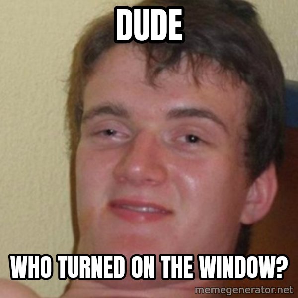 Really Stoned Guy meme: Dude / who turned on the window?