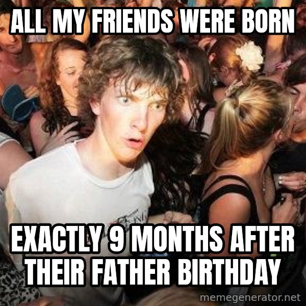 Sudden Realization Ralph meme: ALL MY FRIENDS WERE BORN / EXACTLY 9 MONTHS AFTER THEIR FATHER BIRTHDAY