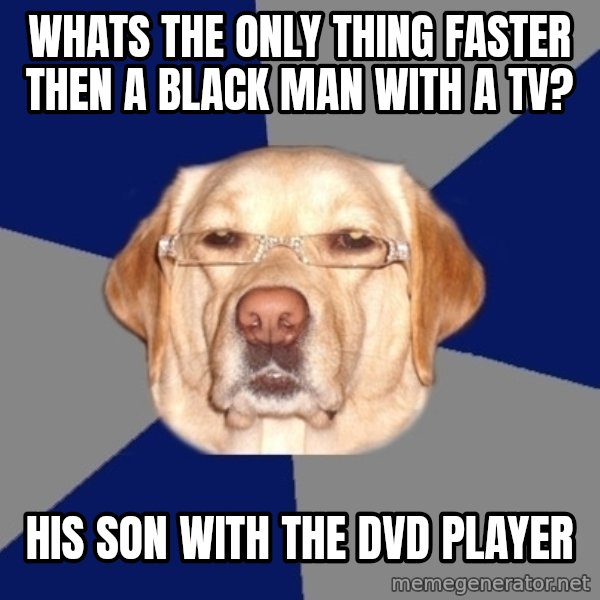 Racist Dawg meme: WHATS THE ONLY THING FASTER THEN A BLACK MAN WITH A TV? / HIS SON WITH THE DVD PLAYER