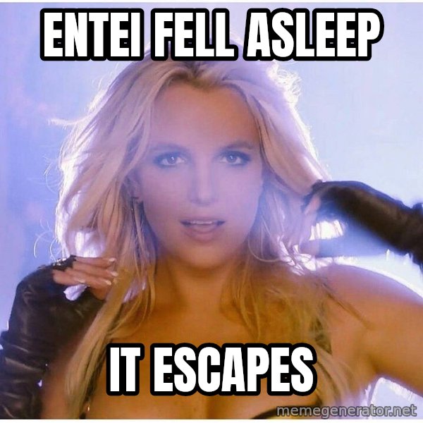 Professor Oak meme: ENTEI FELL ASLEEP / IT ESCAPES