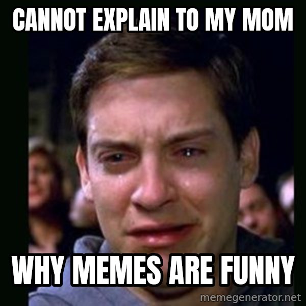 crying peter parker meme: cannot explain to my mom / why memes are funny