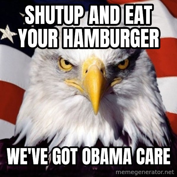 American Pride Eagle meme: Shutup and eat your hamburger / We've got obama care