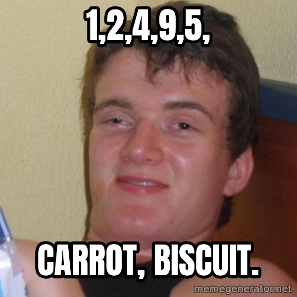 high/drunk guy meme: 1,2,4,9,5, / carrot, biscuit.