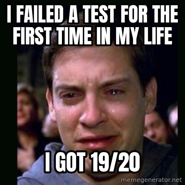 crying peter parker meme: I failed a test for the first time in my life / I got 19/20