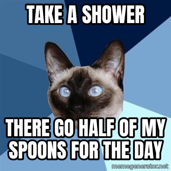 Chronic Illness Cat meme: TAKE A SHOWER / THERE GO HALF OF MY SPOONS FOR THE DAY