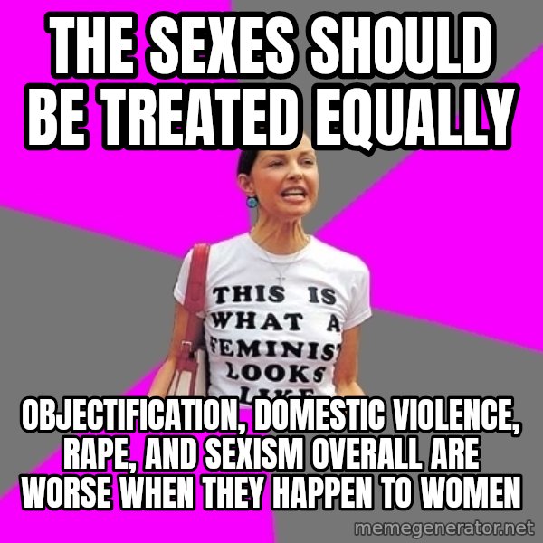 Feminist Cunt meme: the sexes should be treated equally / objectification, domestic violence, rape, and sexism overall are worse when they happen to women