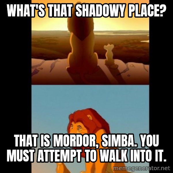 Lion King Shadowy Place meme: What's that shadowy place? / That is mordor, simba. You Must attempt TO walk into it.