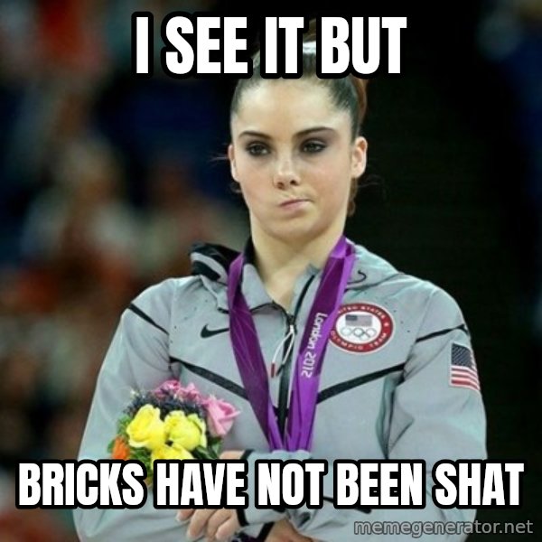 McKayla Maroney Not Impressed meme: i see it but / bricks have not been shat