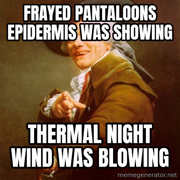 Joseph Ducreux meme: FrAYED PAntaloons epidermis was showing / thermal night wind was blowing