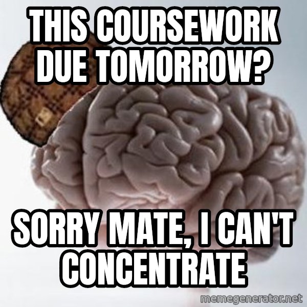 Scumbag Brain meme: this coursework due tomorrow? / sorry mate, i can't concentrate