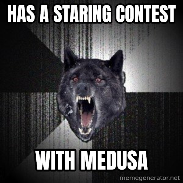 Insanity Wolf meme: Has a staring contest / with medusa