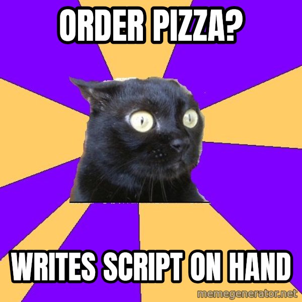 Anxiety Cat meme: Order pizza? / Writes script on hand