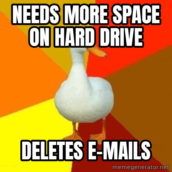 Technologically Impaired Duck meme: Needs more space on hard drive / deletes e-mails