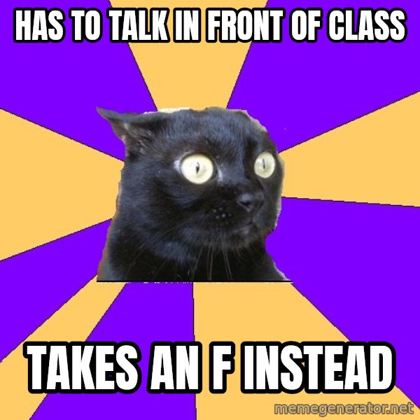 Anxiety Cat meme: Has to talk in front of class / takes an f instead