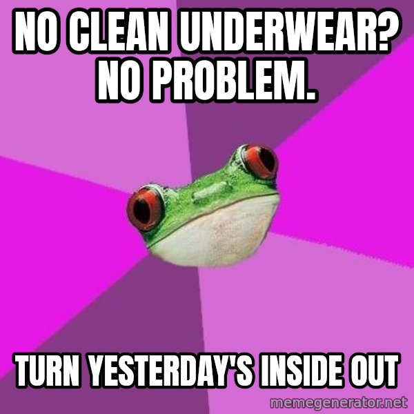 Foul Bachelorette Frog meme: no clean underwear? no problem. / turn yesterday's inside out
