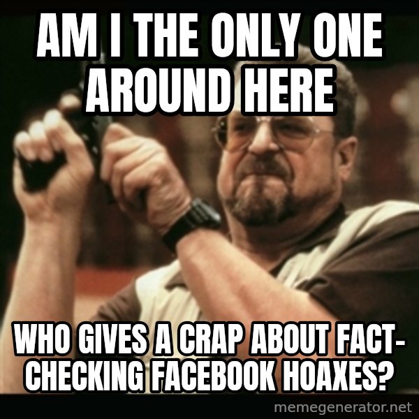 am i the only one around here meme: AM I THE ONLY ONE AROUND HERE / WHO GIVES A CRAP ABOUT FACT-      CHECKING FACEBOOK HOAXES?