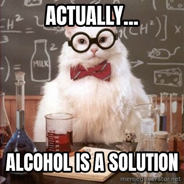Science Cat meme: ACTUALLY... / ALCOHOL is a solution