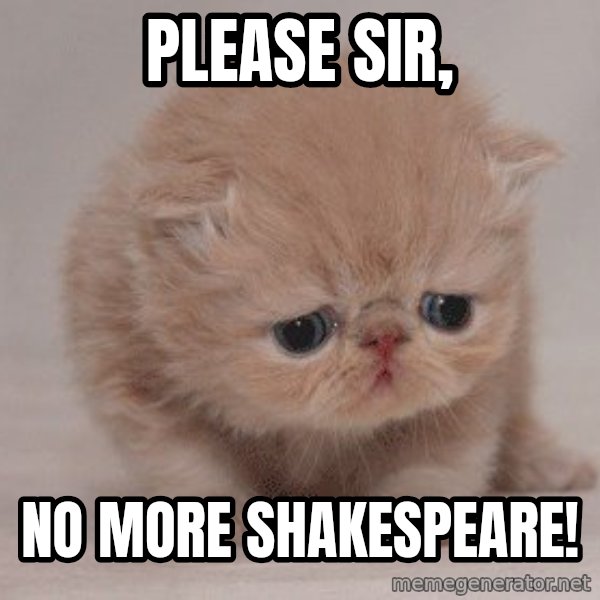 Sadcat meme: Please sir, / No more shakespeare!