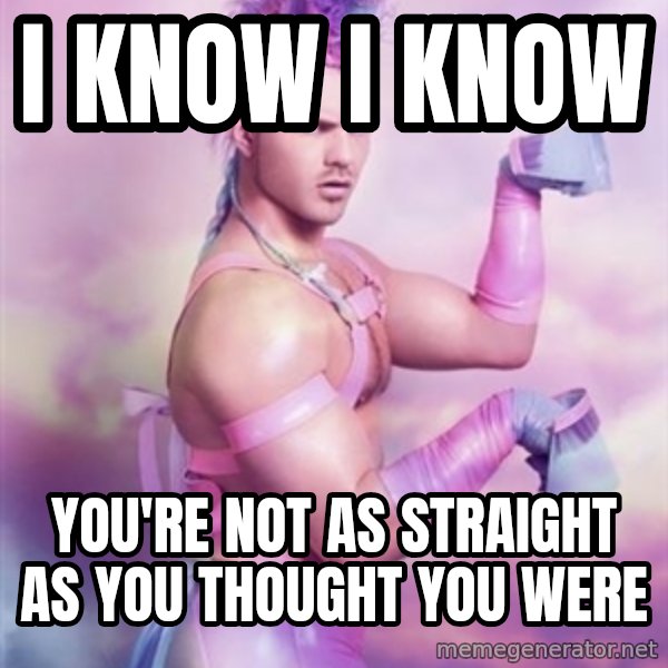 Unicorn Boy meme: I know I know / you're not as straight as you thought you were