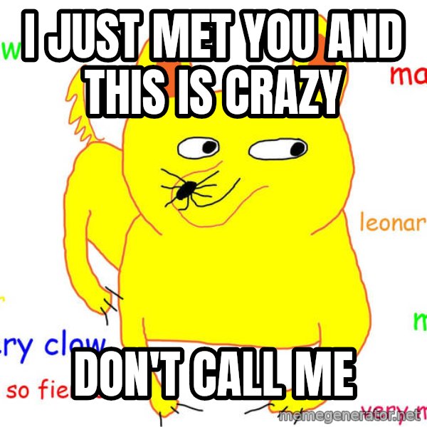 Grumpy Cat  meme: I just met you and this is crazy / Don't call me