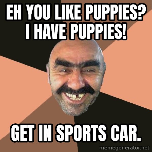 Provincial Man meme: Eh you like puppies? I have puppies! / get in sports car.