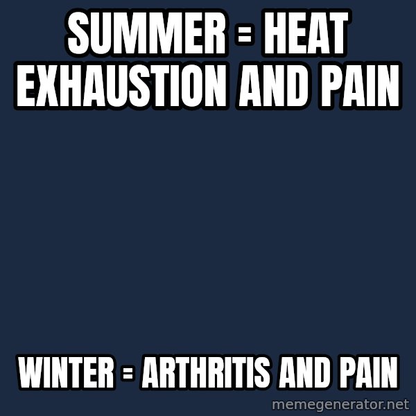 Chronic Illness Cat meme: Summer = heat exhaustion and pain / winter = arthritis and pain