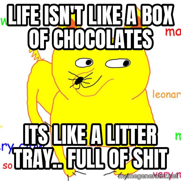 Grumpy Cat  meme: Life isn't like a box of chocolates / Its like a litter tray.. Full of shit