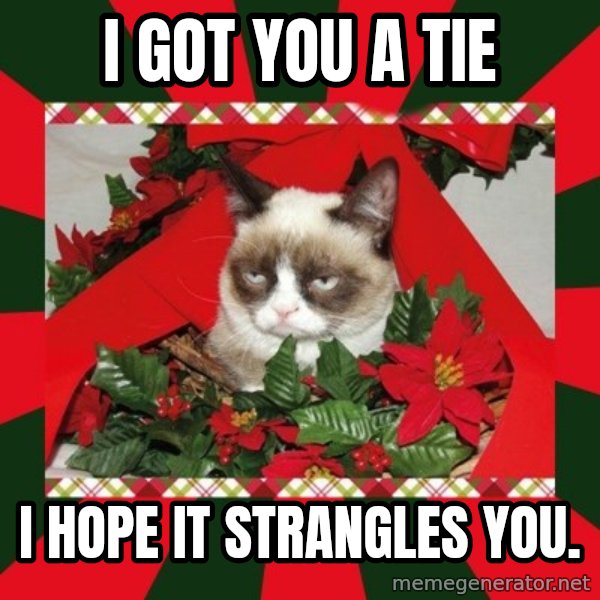 GRUMPY CAT ON CHRISTMAS meme: I got you a tie / I hope it stRangles You.