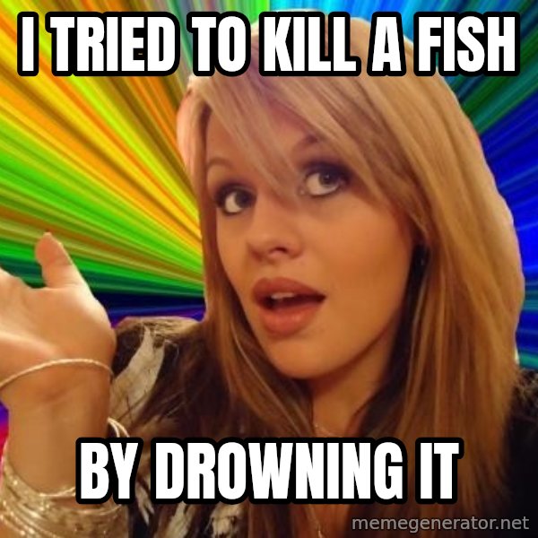 Dumb Blonde meme: I tried to kill a fish / by drowning it