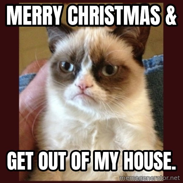 Grumpy Cat  meme: merry christmas & / Get out of my house.