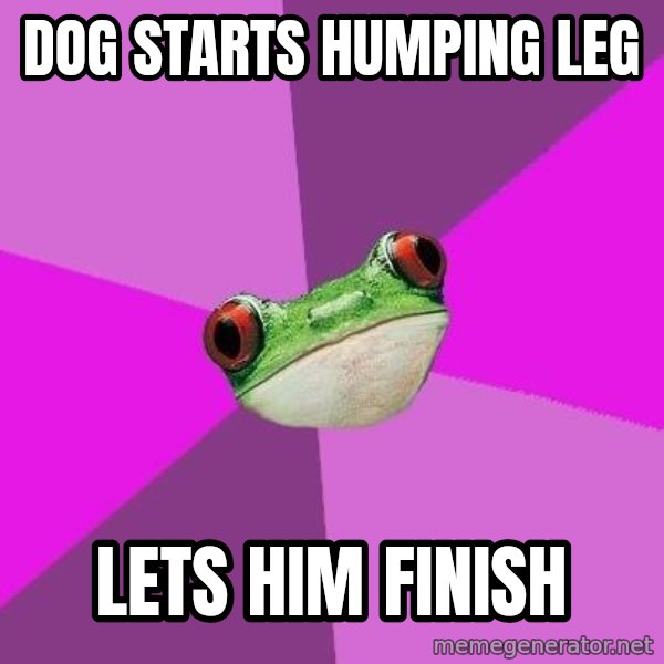 Foul Bachelorette Frog meme: dog starts humping leg / lets him finish
