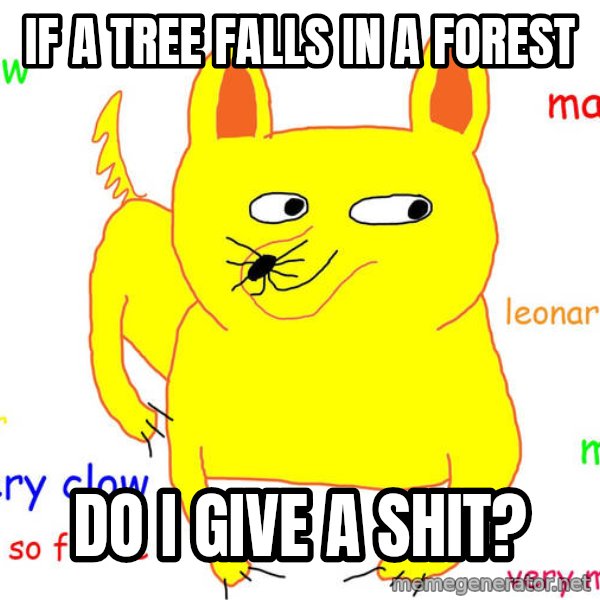 Grumpy Cat  meme: If a tree falls in a forest / Do I give a shit?
