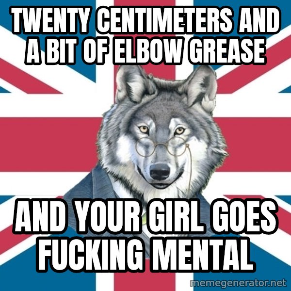 Sir Courage Wolf Esquire meme: twenty centimeters and a bit of elbow grease / and your girl goes fucking mental