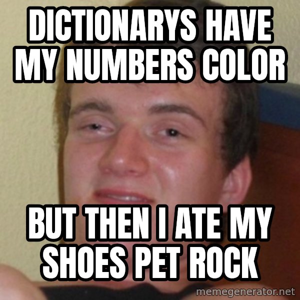 Stoner Guy meme: DICTIONARYs have my NUMBERS color / but then i ate my shoes pet rock