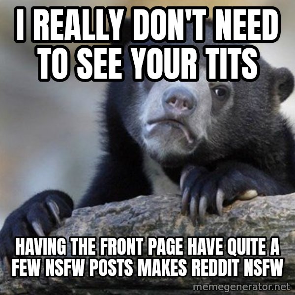 Confession Bear meme: I really don't need to see your tits / having the front page have quite a few nsfw posts makes reddit nsfw