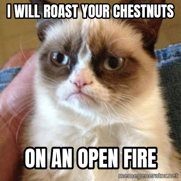 Grumpy Cat  meme: I will roast your chestnuts / On an open fire