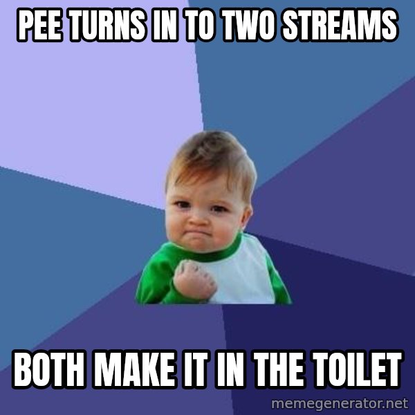Success Kid meme: Pee turns in to two streams / both make it in the toilet