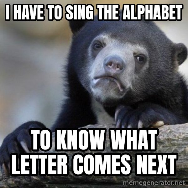 Confession Bear meme: I have to sing the alphabet / to know what letter comes next