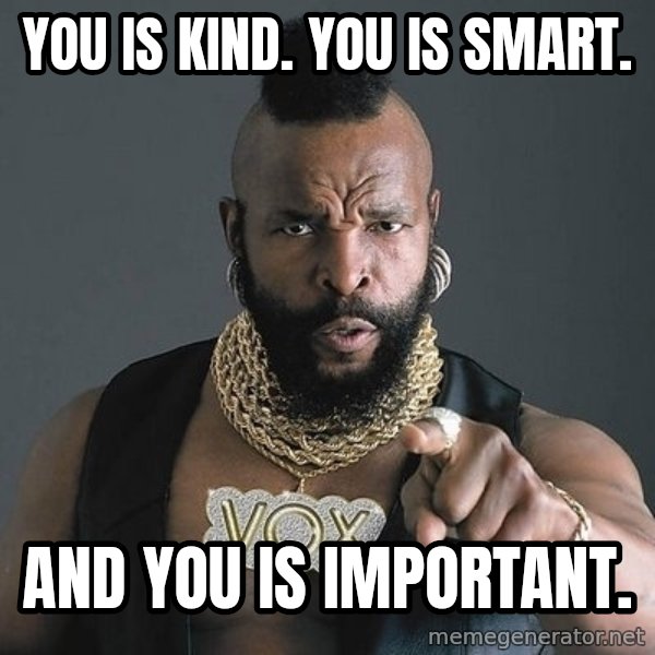 Mr T meme: YOU IS KIND. YOU IS SMART. / AND YOU IS IMPORTANT.