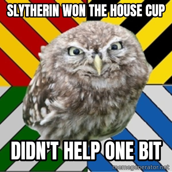 JEALOUS POTTEROMAN meme: Slytherin won the house cup / Didn't help one bit