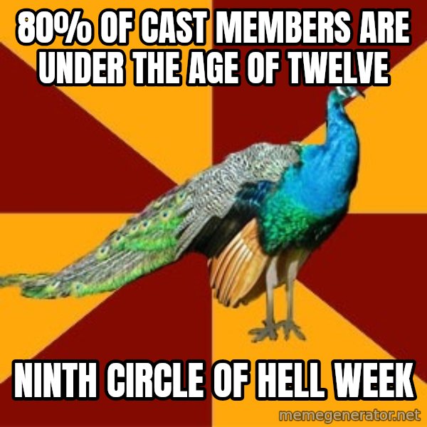 Thespian Peacock meme: 80% of cast members are under the age of twelve / Ninth circle of hell week