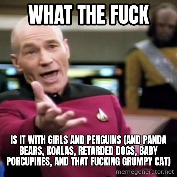 Picard Wtf meme: What the fuck / is it with girls and penguins (and panda bears, koalas,  retarded dogs,  baby porcupines, and that fucking grumpy cat)