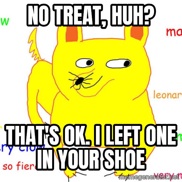 Grumpy Cat  meme: NO TREAT, HUH? / THAT'S OK. I LEFT ONE IN YOUR SHOE