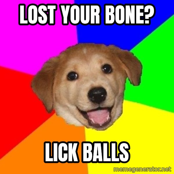 Advice Dog meme: lost your bone? / lick balls