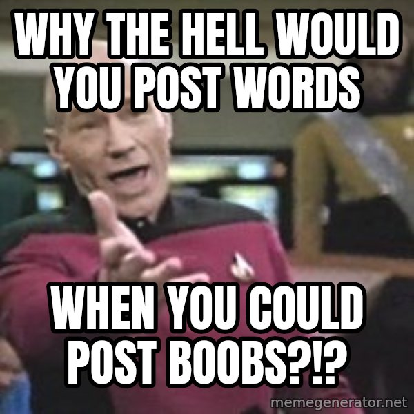 Captain Picard meme: Why the hell would you post words / when you could post boobs?!?