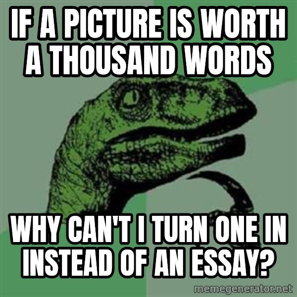 Philosoraptor meme: if a picture is worth a thousand words / why can't i turn one in instead of an essay?