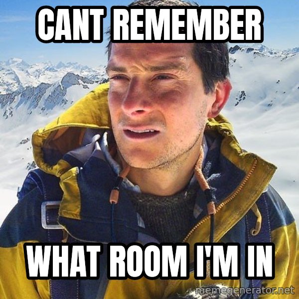 Bear Grylls Loneliness meme: cant remember / what room i'm in